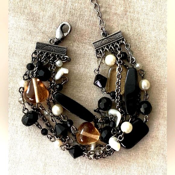LIA SOPHIA VIXEN Bracelet Retired 6-strand Mother of Pearl Black Lucite Beads - Picture 5 of 7